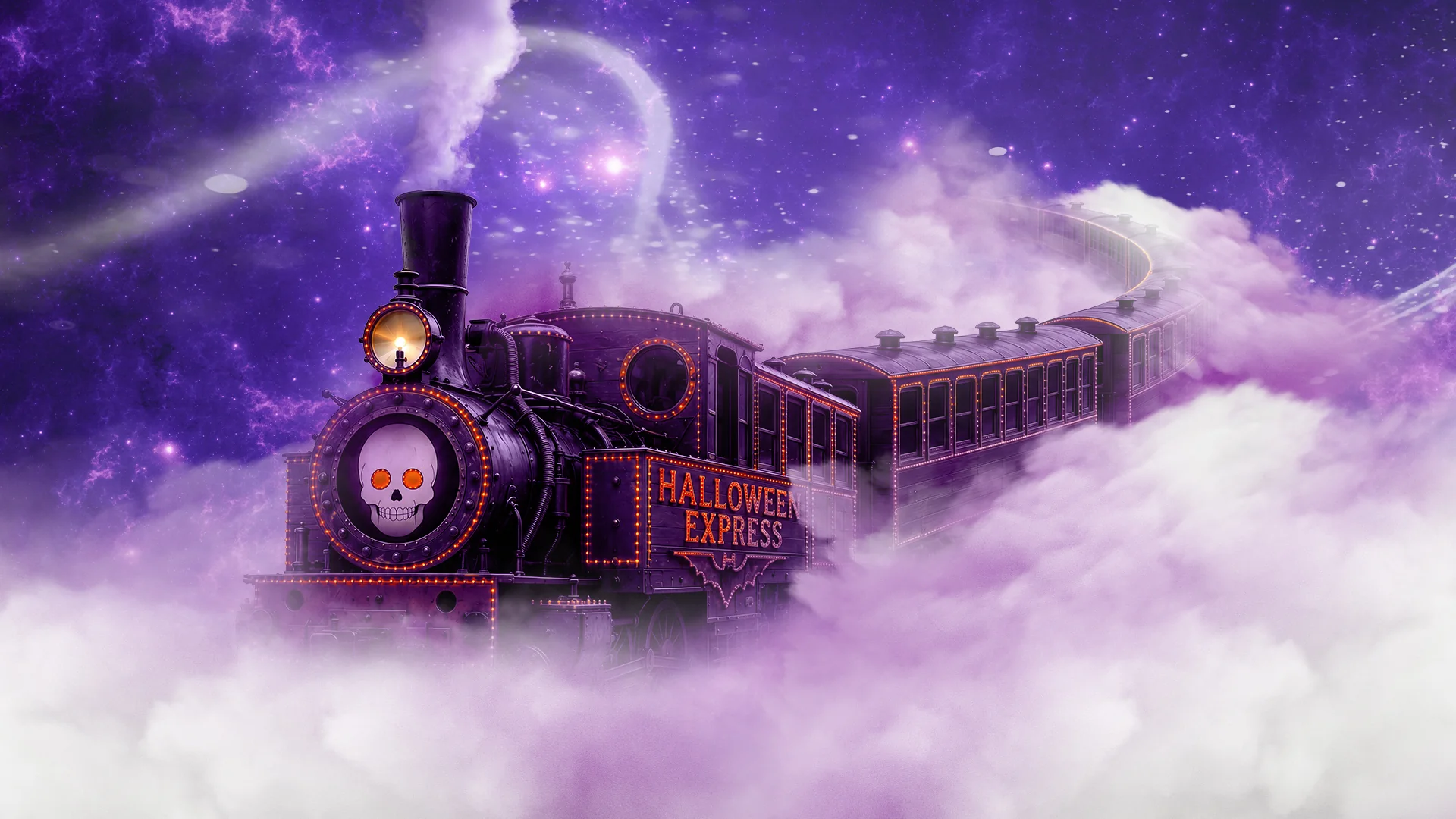 Illustration du Halloween Express, le train fantôme de Pairi Daiza, locomotive entourée de nuages violets