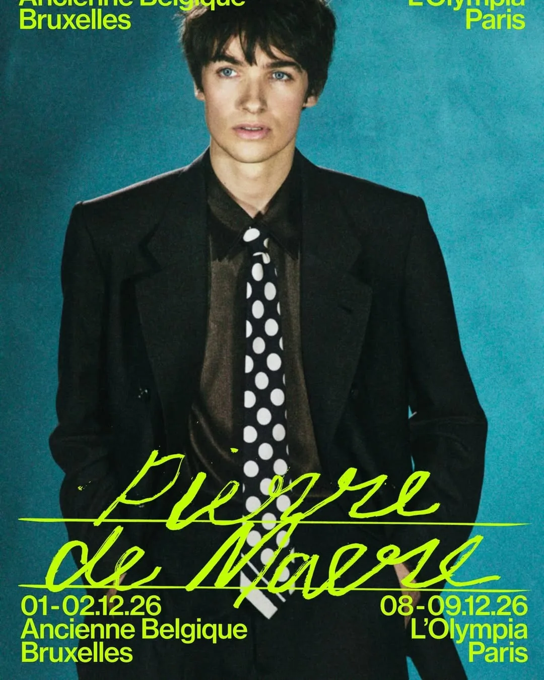 Affiche des concerts de Pierre de Maere à l’Ancienne Belgique (1er et 2 décembre 2026) et à l’Olympia