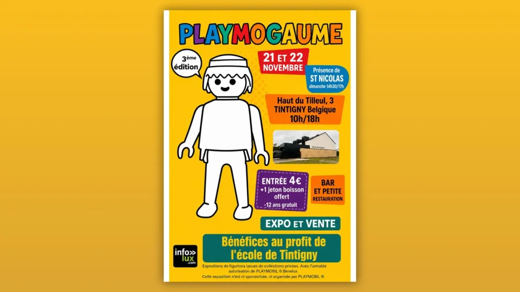 Affiche officielle de PLAYMOGAUME 2026, exposition et bourse Playmobil les 21 et 22 novembre 2026 a Tintigny