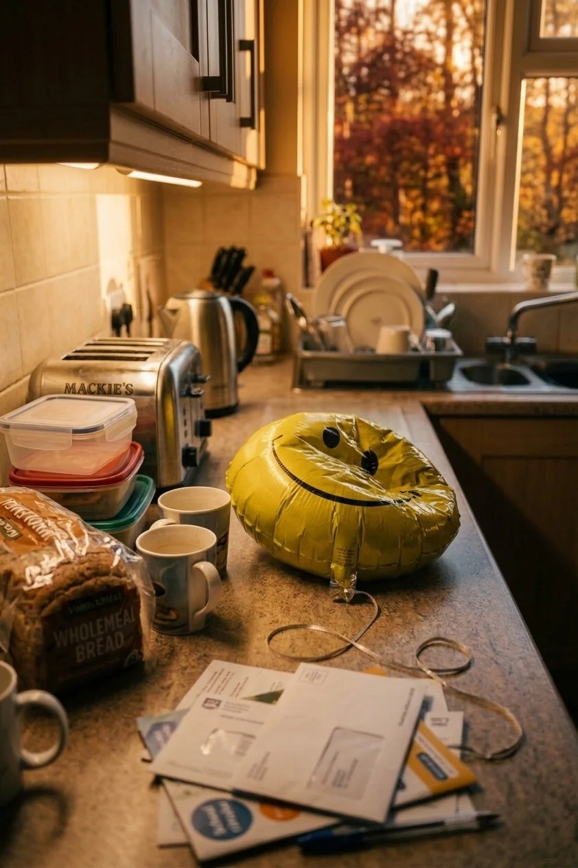 Illustration d’une cuisine en désordre avec un ballon smiley dégonflé sur le plan de travail, courrier et vaisselle