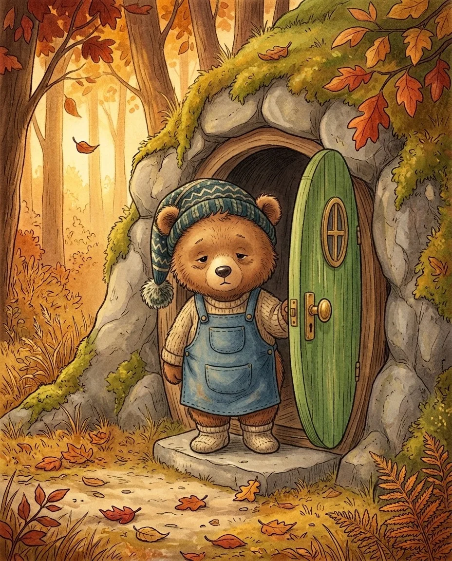 Illustration d’un ourson en bonnet et salopette devant la porte verte de sa tanière, dans une forêt d’automne