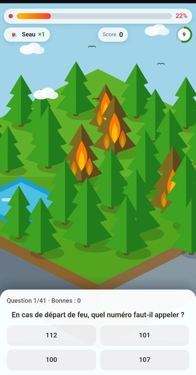 Écran du quiz sur le risque d’incendie de végétation : une forêt en feu et la question du numéro à appeler