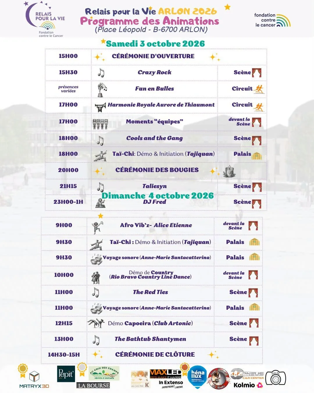 Programme des animations du Relais pour la Vie d’Arlon 2026, samedi 3 et dimanche 4 octobre, place Léopold