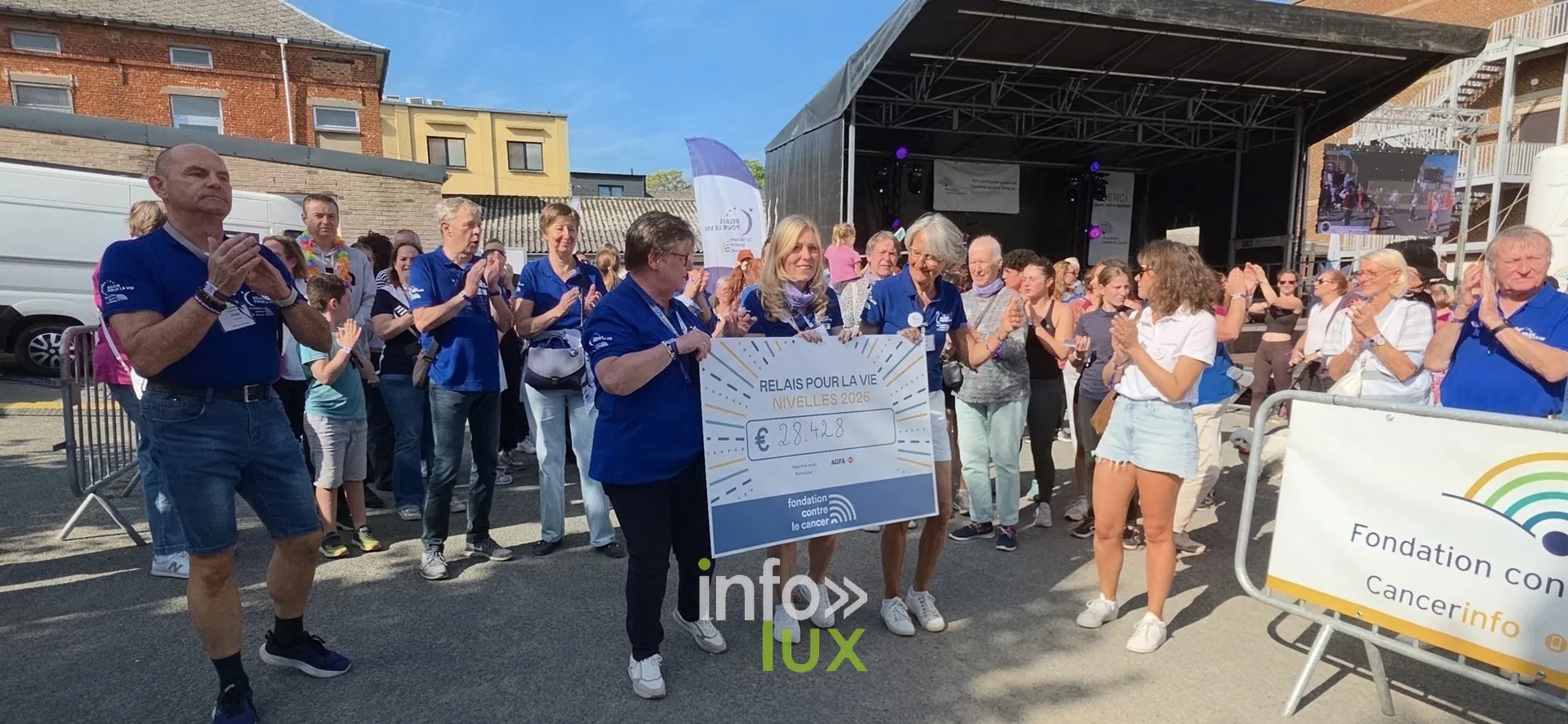 Remise du chèque de 28 428 € à la Fondation contre le Cancer, cérémonie de clôture, Relais pour la Vie de Nivelles 2026
