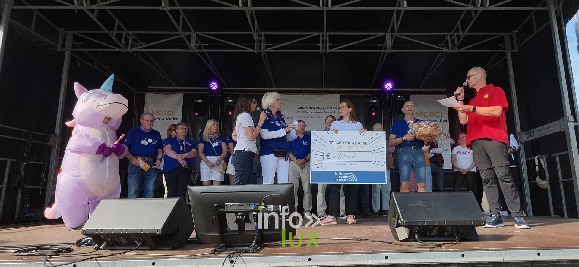 Remise du chèque de 28 428 € à la Fondation contre le Cancer, cérémonie de clôture, Relais pour la Vie de Nivelles 2026
