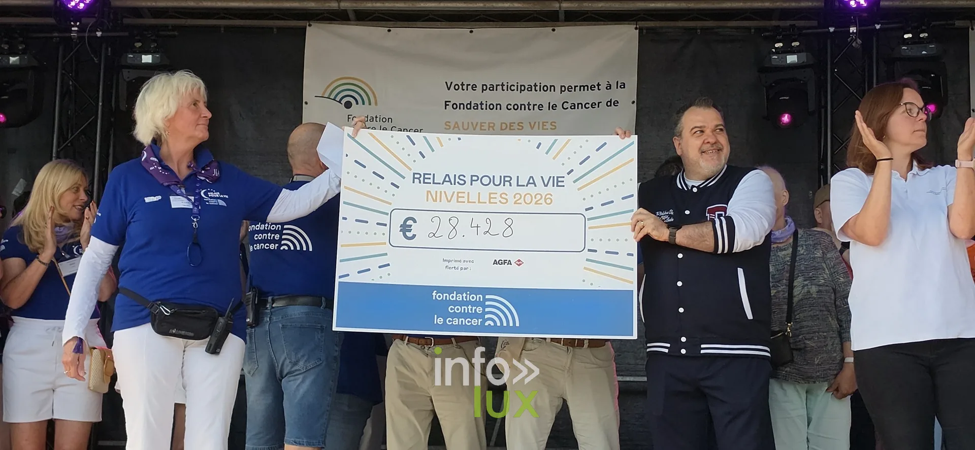 Remise du chèque de 28 428 € à la Fondation contre le Cancer, cérémonie de clôture, Relais pour la Vie de Nivelles 2026