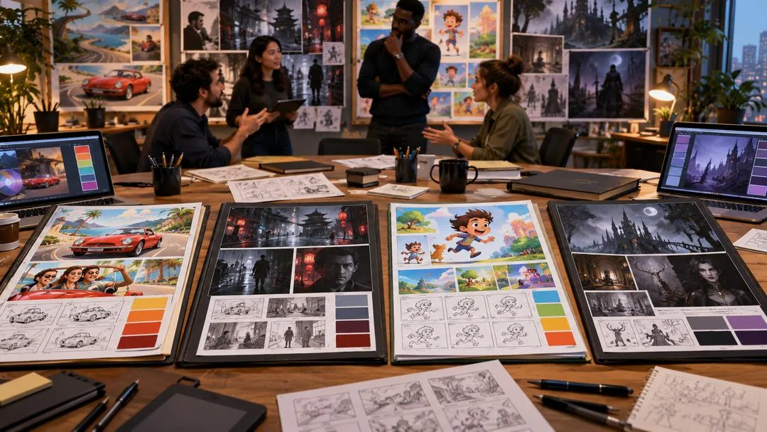 Une équipe créative autour d’une table couverte de storyboards, palettes de couleurs et dessins de taxi, de héros bleu et de ville nocturne