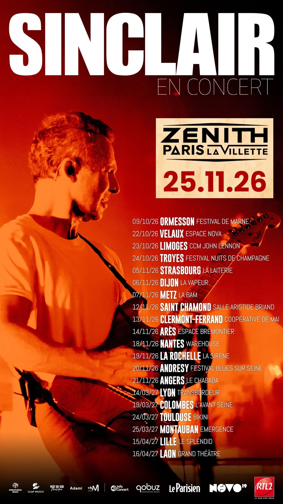 Affiche de la tournée Lumière de Sinclair : Zénith de Paris – La Villette le 25 novembre 2026 et les dates de tournée 2026-2027