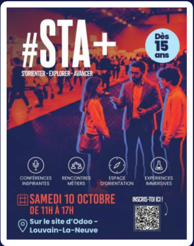 Affiche de #STA+, journée d’orientation pour les jeunes dès 15 ans, le 10 octobre 2026 sur le site d’Odoo à Louvain-la-Neuve
