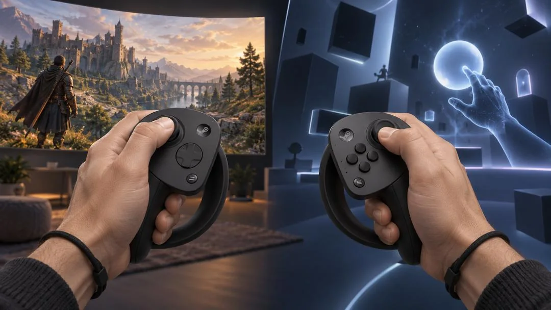 Les deux contrôleurs du Steam Frame tenus en main, entre un jeu classique sur écran et un univers en réalité virtuelle