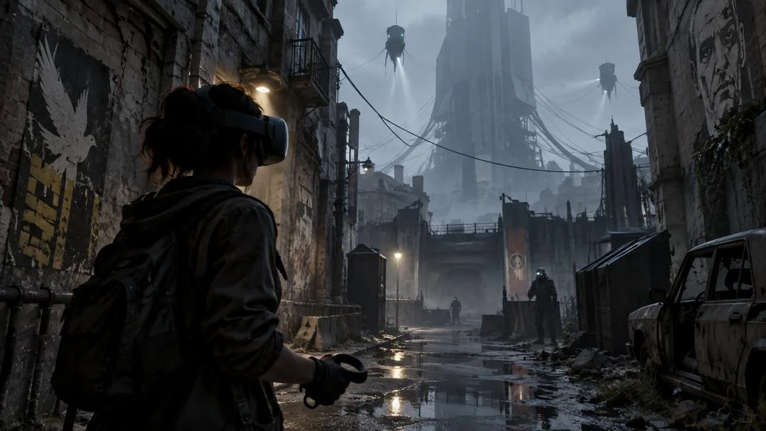 Personnage casqué dans une cité en ruines évoquant Half-Life: Alyx, jeu inclus avec le Steam Frame