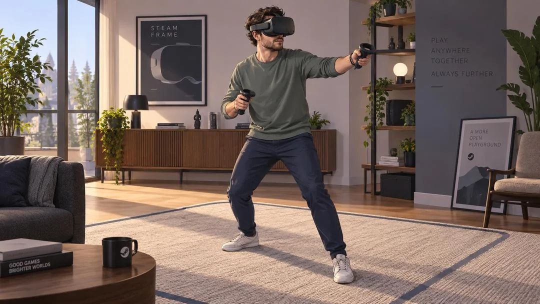 Un joueur debout dans son salon, casque Steam Frame sur la tête et contrôleurs en main, sans aucun câble
