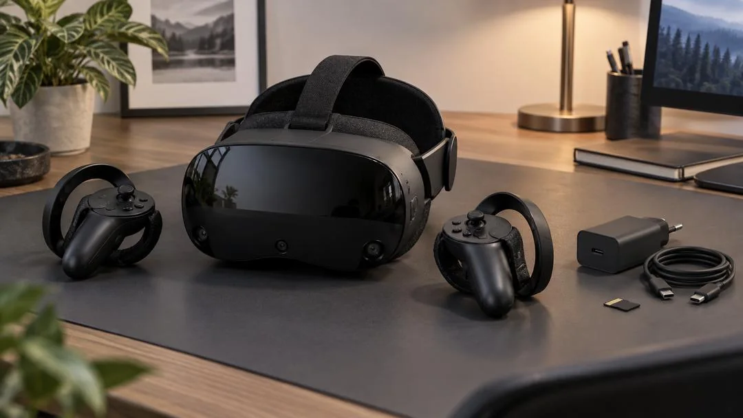 Le kit Steam Frame sur un bureau : casque, deux contrôleurs, adaptateur sans fil, carte microSD et câble USB-C