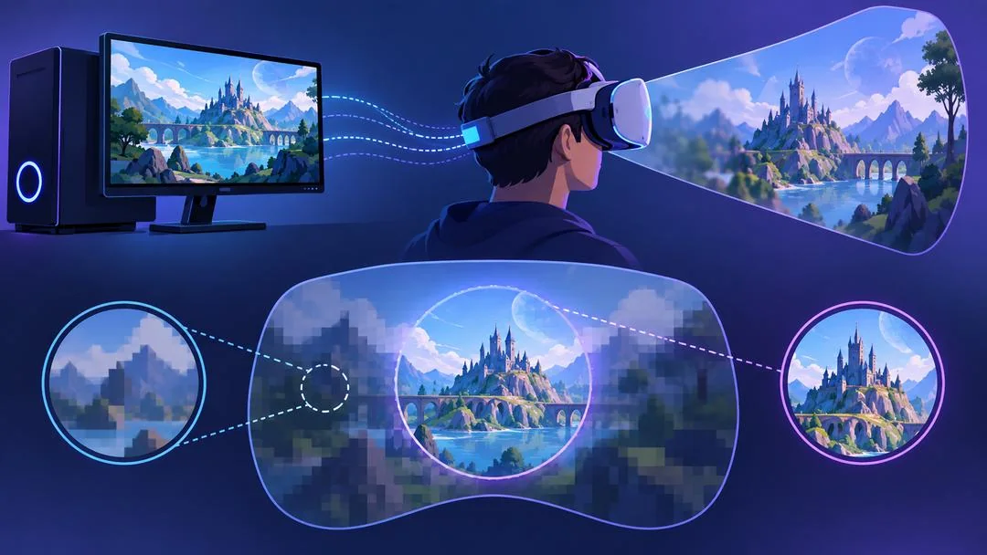Schéma du streaming fovéal : le PC envoie l’image au casque, la zone regardée est plus détaillée que la périphérie