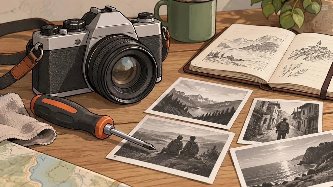 Un appareil photo argentique, un tournevis, un carnet de croquis et des tirages noir et blanc sur une table en bois