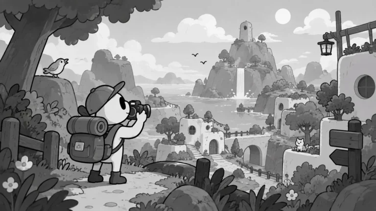 Un petit explorateur à casquette et sac à dos photographie une côte aux falaises et à la cascade, en noir et blanc