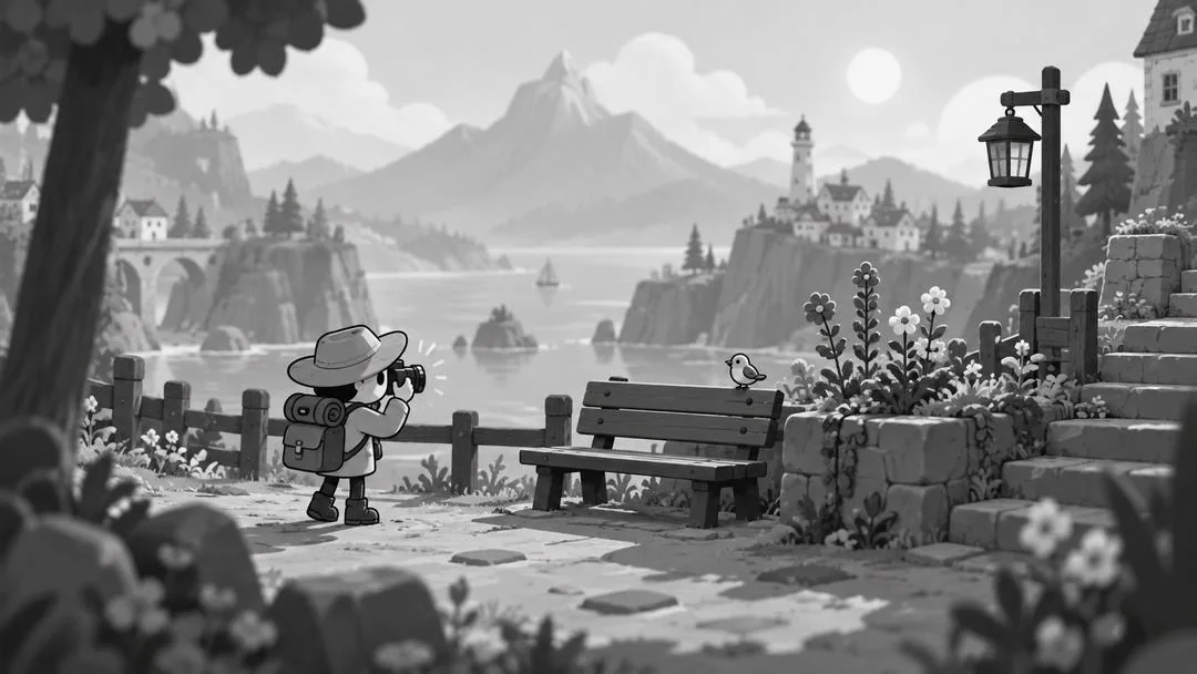 Un voyageur au chapeau photographie une baie montagneuse depuis un belvédère, près d’un banc et d’un lampadaire