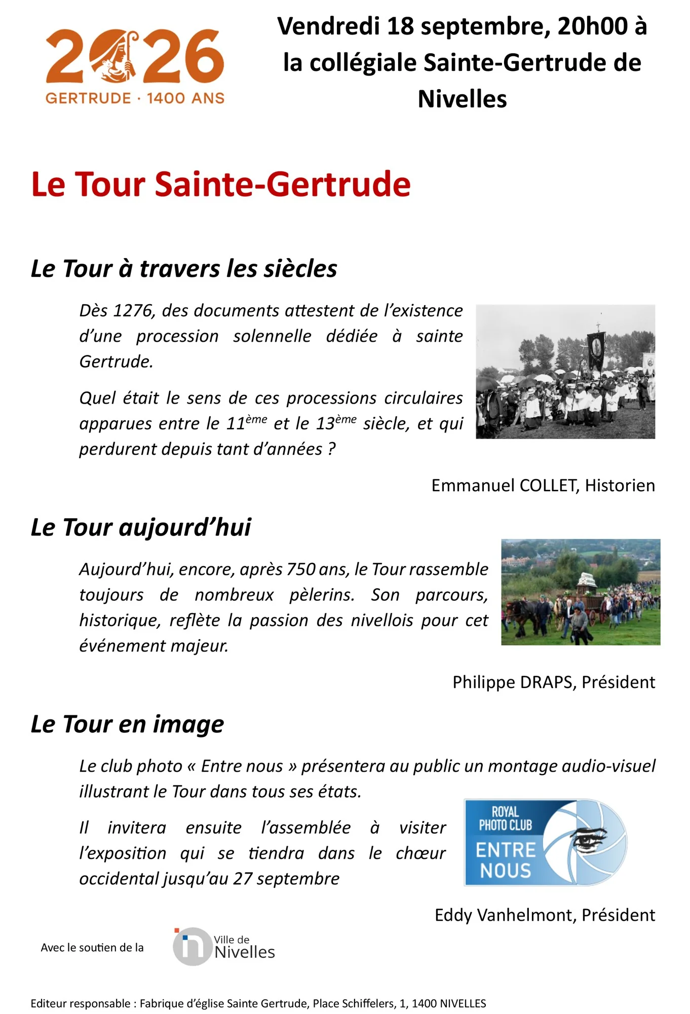 Affiche de la soirée Le Tour Sainte-Gertrude du 18 septembre 2026 à la collégiale de Nivelles : exposés d’Emmanuel Collet et Philippe Draps, diaporama du Royal Photo Club Entre Nous