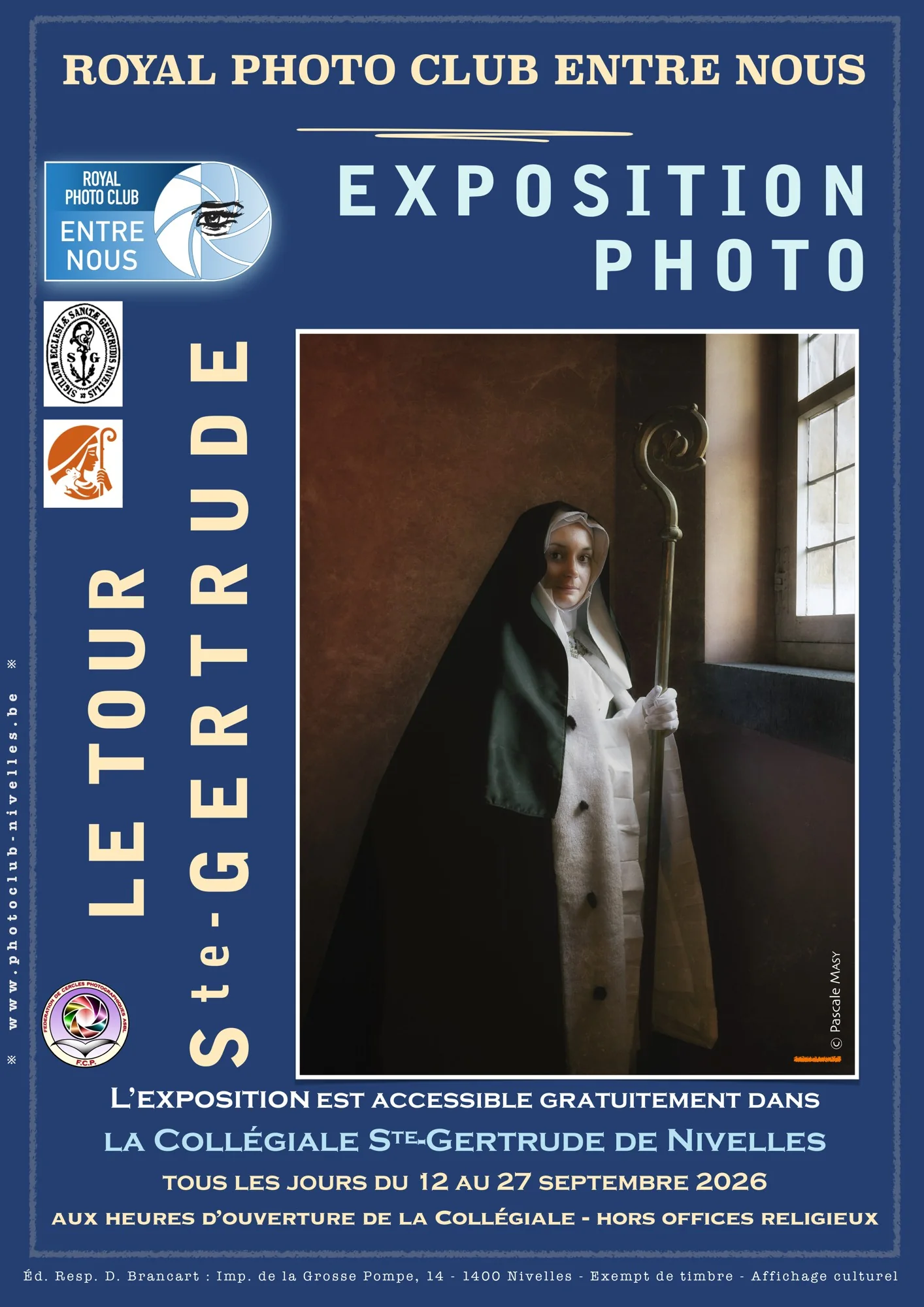 Affiche de l’exposition 2026 du Royal Photo Club Entre Nous à l’Hôtel de Ville de Nivelles et de l’exposition Le Tour Sainte-Gertrude à la collégiale