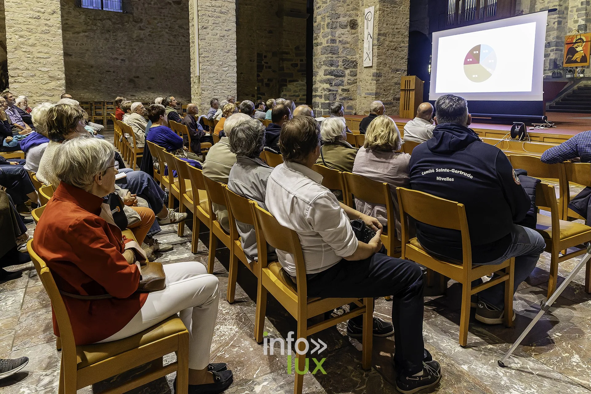 Le public, vu de côté, sous les arcades romanes, l’écran de projection au fond