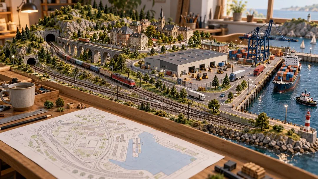 Maquette de réseau ferroviaire posée sur un bureau avec viaduc, entrepôt et port à conteneurs, devant un plan tracé sur papier