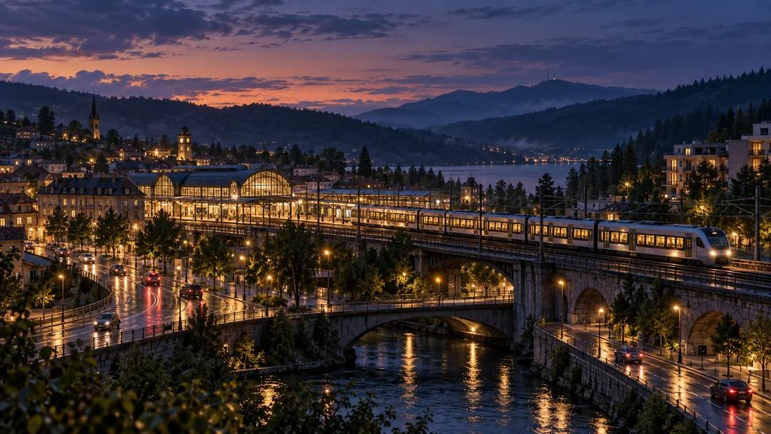 Ville illuminée à la tombée de la nuit, un train traverse un pont au-dessus d’une rivière près d’une gare vitrée, sous un ciel rose