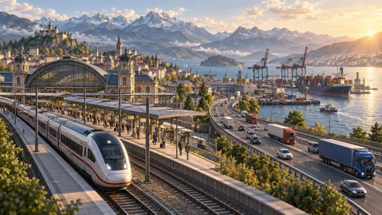 Train à grande vitesse en gare au pied de montagnes enneigées, à côté d’une autoroute chargée de camions et d’un port à conteneurs