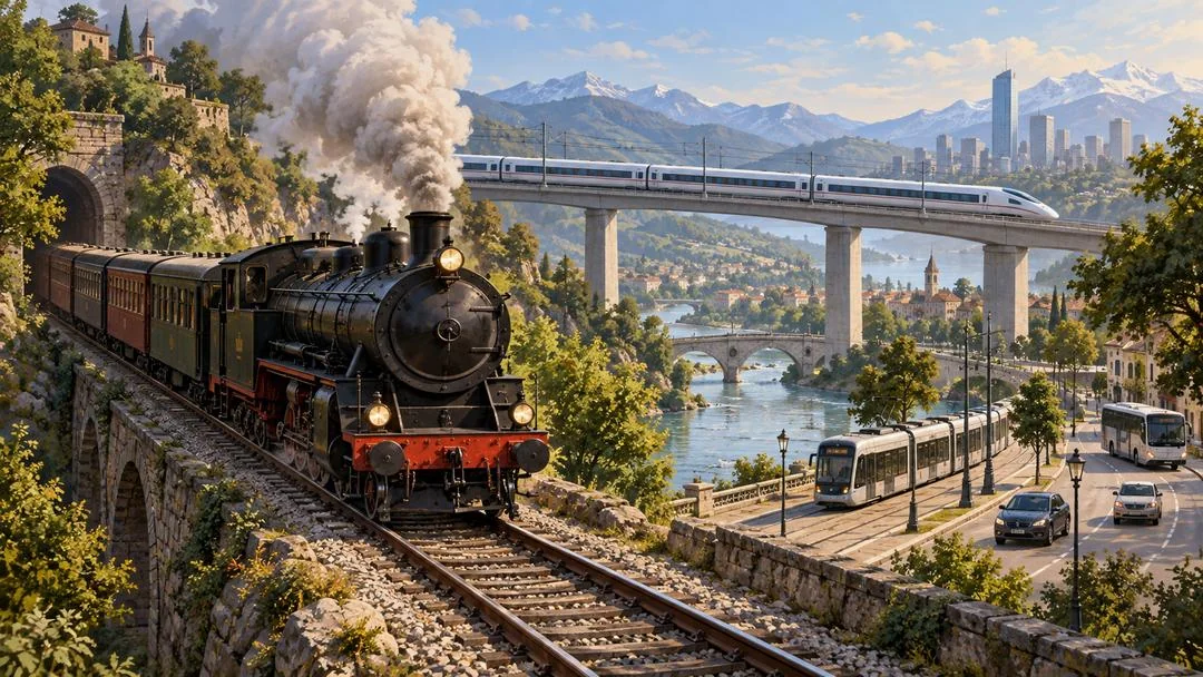 Une locomotive à vapeur sort d’un tunnel tandis qu’un train à grande vitesse passe sur un pont, près d’un tram et d’un bus en ville