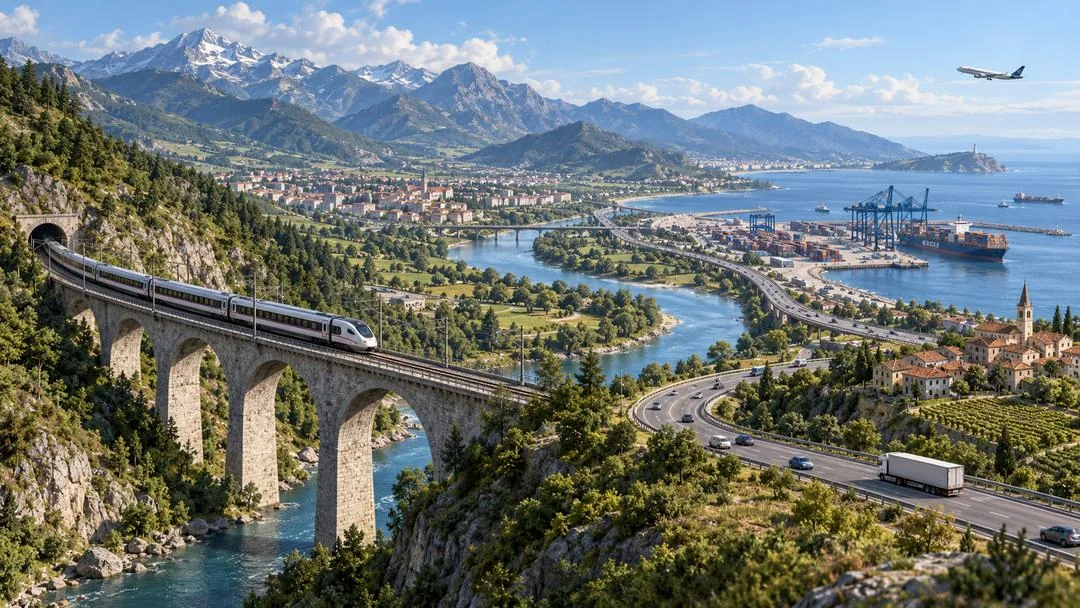 Un train franchit un viaduc de pierre au-dessus d’une rivière, face à une ville côtière, un port à conteneurs et un avion en approche