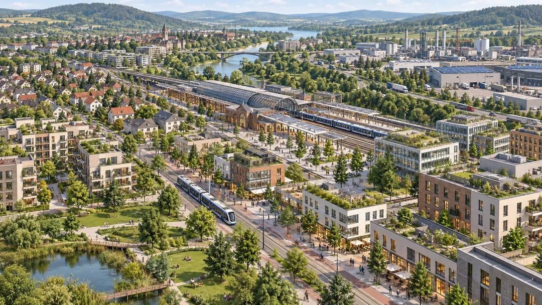 Vue aérienne d’une ville en croissance traversée par un tram, avec une grande gare, des immeubles végétalisés et une zone industrielle