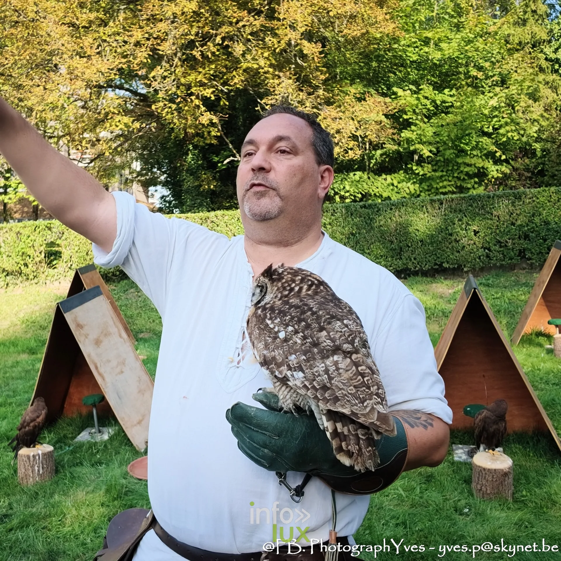 Fauconnier présentant un hibou grand-duc sur son gant, Valhalla Days 2026 à Ciney