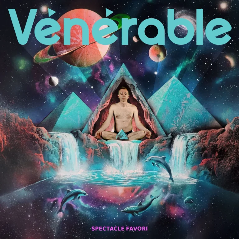 Pochette de l album Spectacle Favori de Venerable : un homme en lotus devant des cascades cosmiques et des dauphins