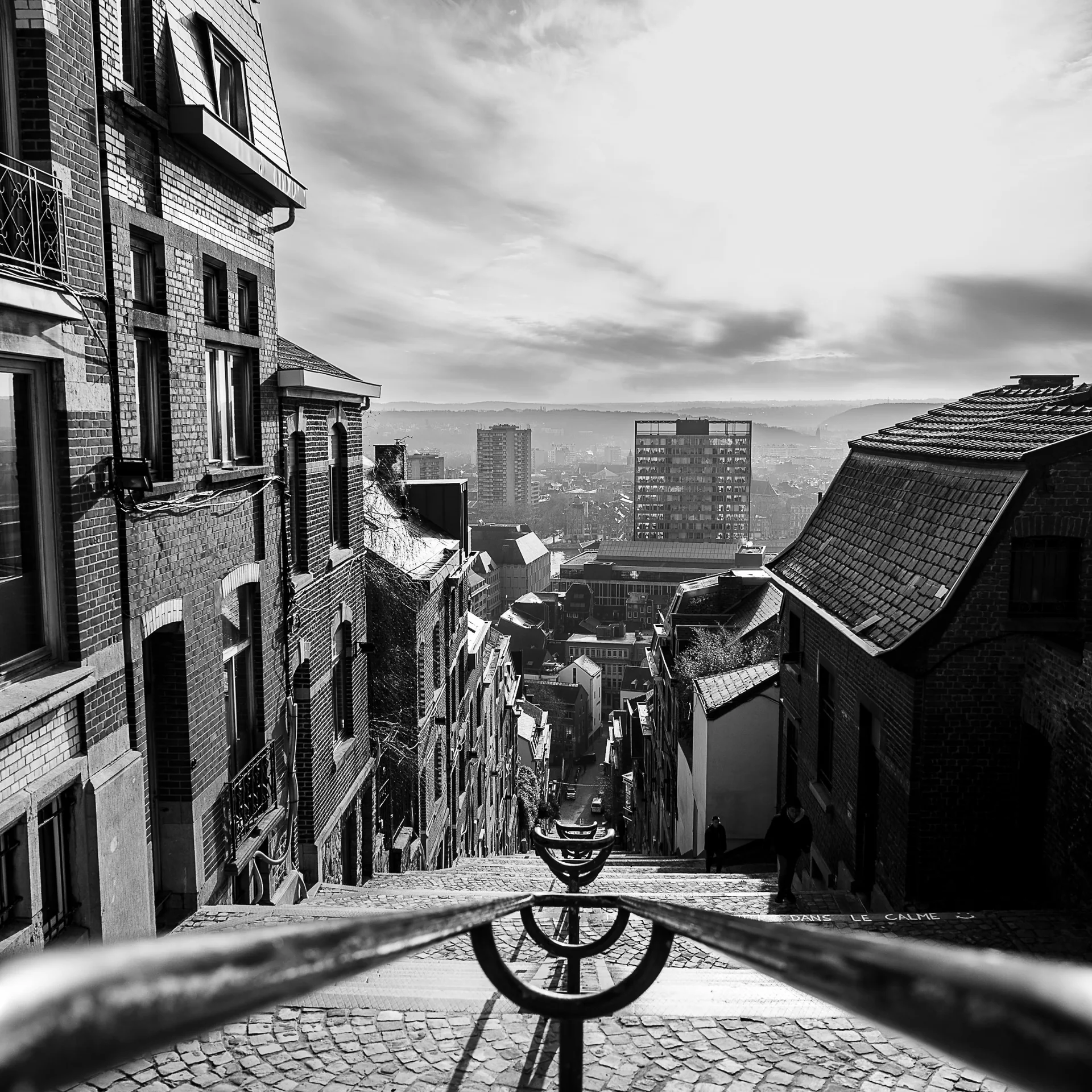 Vue plongeante depuis un escalier des coteaux de Liège vers la ville et ses tours, en noir et blanc