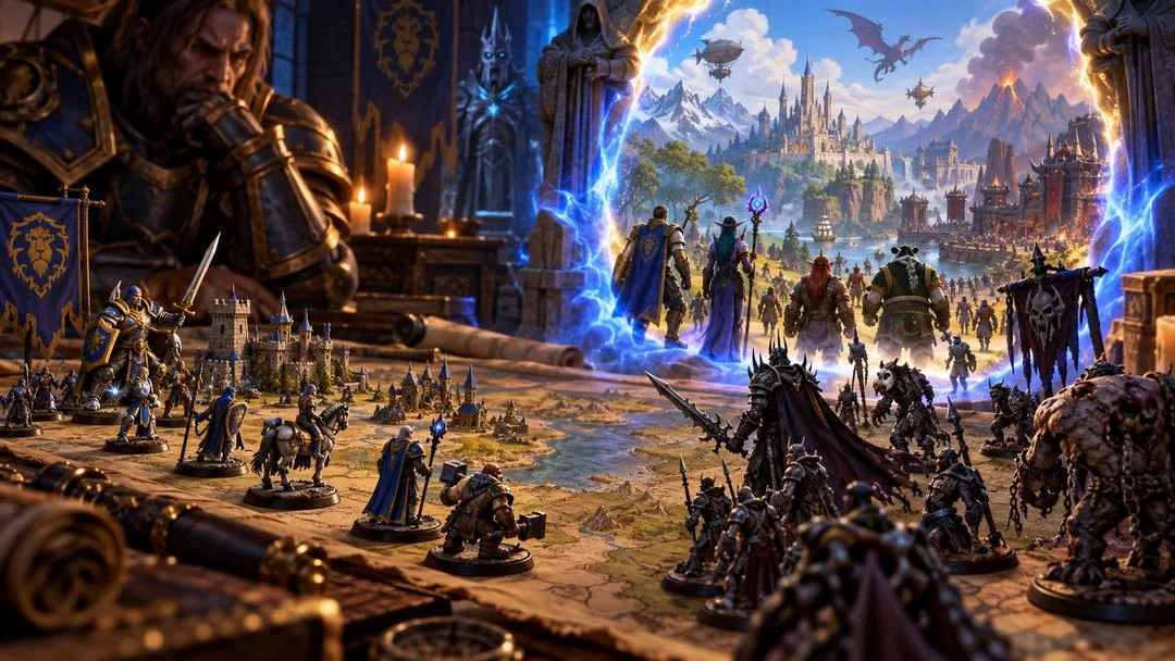 Une table de jeu couverte de figurines de Humains et de Réprouvés devant un portail bleu ouvert sur Azeroth, évocation de Warcraft III: Reforged