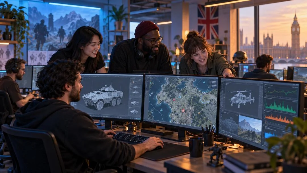 Équipe d’un studio de jeu vidéo britannique réunie devant des écrans montrant des cartes et des véhicules, drapeau du Royaume-Uni et Big Ben par la fenêtre