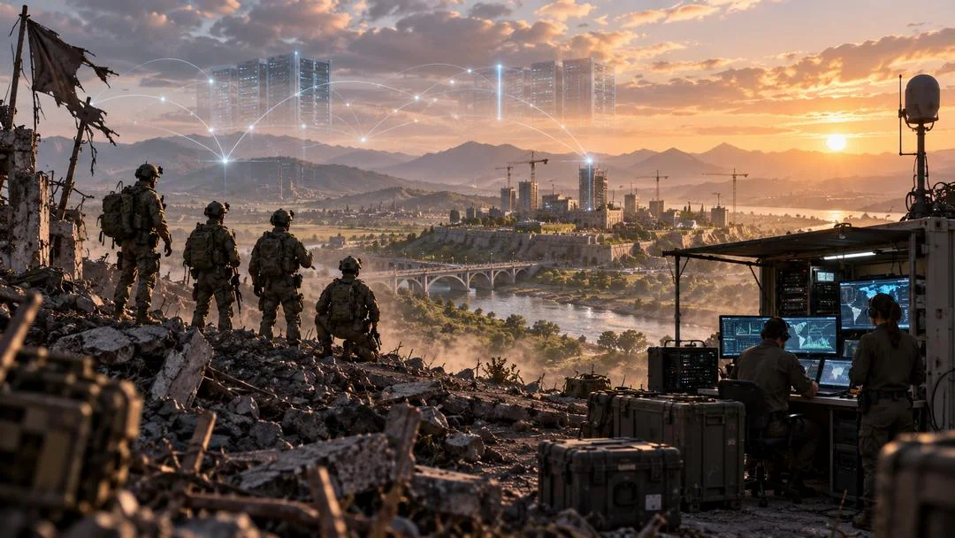 Soldats sur des ruines au coucher du soleil face à une ville lointaine, poste de commandement avec écrans et lignes de connexion lumineuses dans le ciel