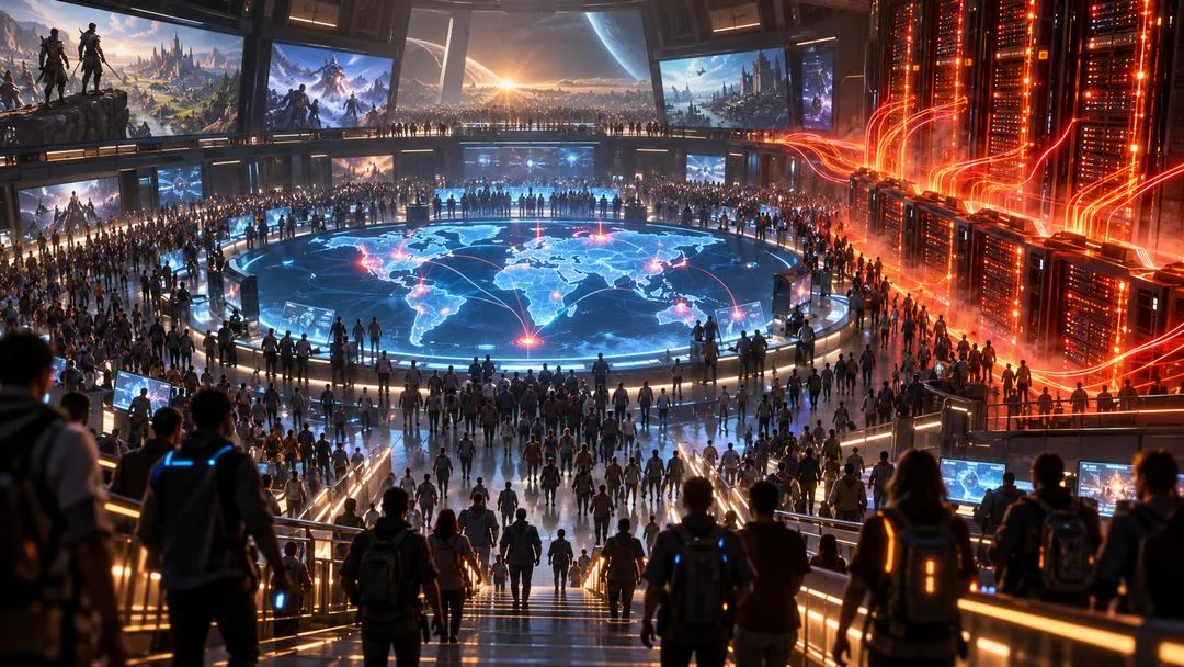 Foule de joueurs dans une immense salle futuriste autour d’une carte du monde lumineuse, écrans géants et serveurs rougeoyants