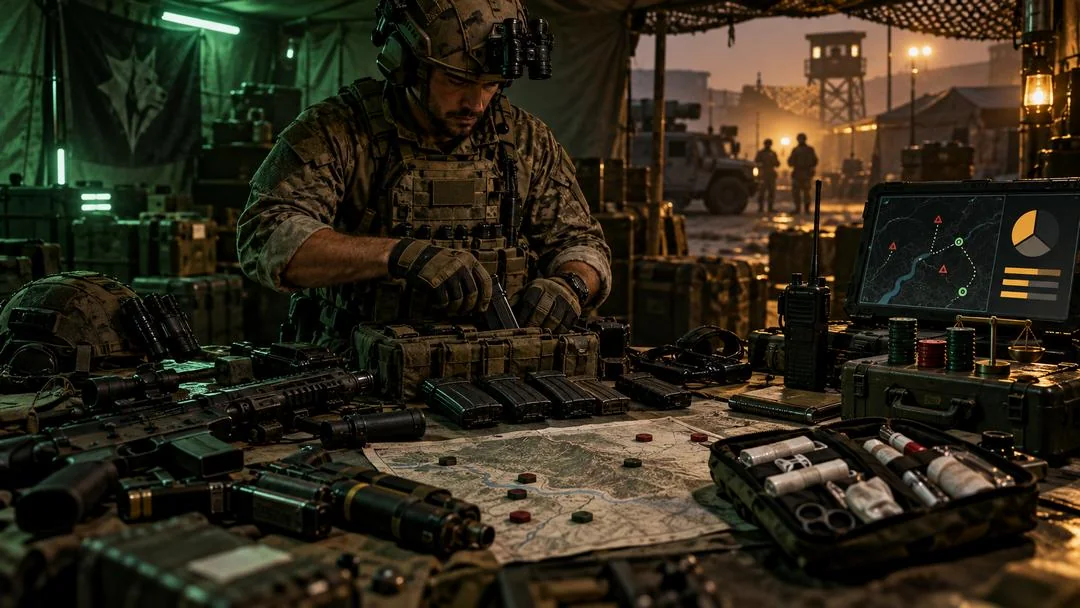Un soldat prépare son équipement sur une table de campement, armes, munitions, chargeurs et carte tactique sur écran, éclairage vert