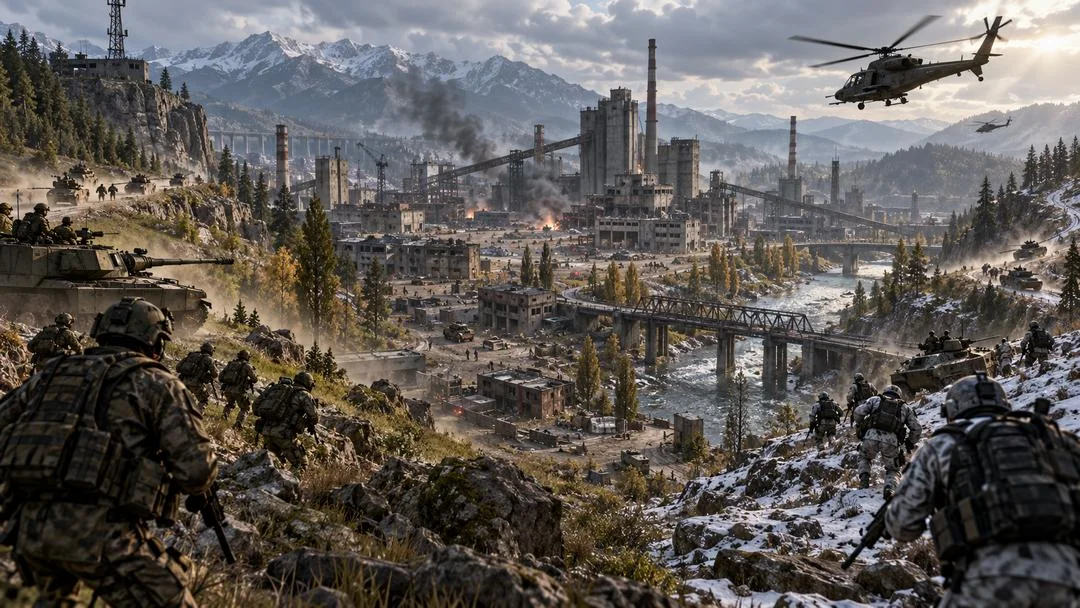 Vaste champ de bataille industriel et montagneux vu de haut : usines fumantes, pont, soldats sur une colline et hélicoptère dans le ciel