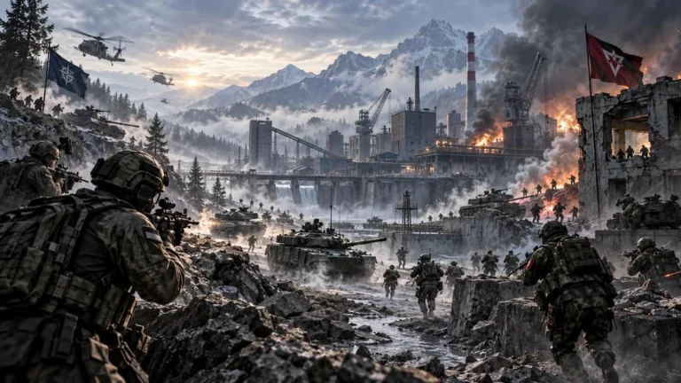 Soldats en tenue moderne au combat devant une usine en flammes et un char, montagnes enneigées et hélicoptères en arrière-plan, drapeau rouge d’une faction
