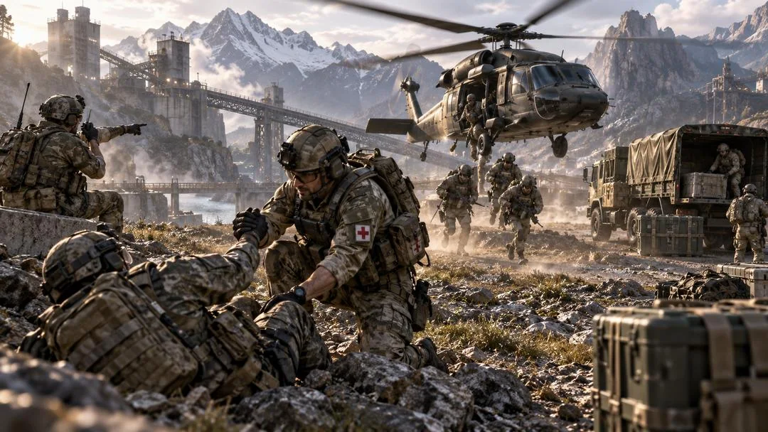 Un médecin militaire soigne un soldat à terre pendant qu’un hélicoptère décolle et qu’un camion de ravitaillement attend, dans un paysage de montagne
