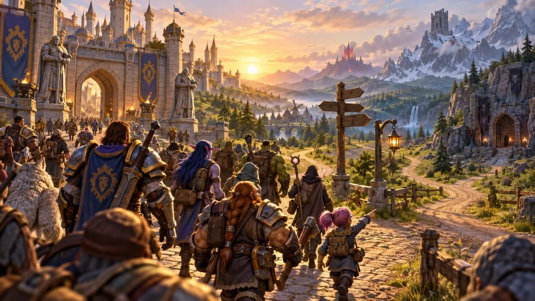 Une foule d’aventuriers marche vers les portes d’une cité fortifiée au lever du soleil, panneau indicateur au premier plan