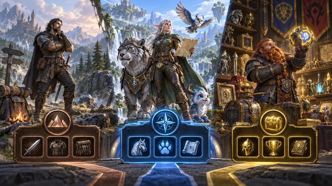 Trois aventuriers — humain, elfe et nain — devant trois coffres de packs bronze, bleu et or