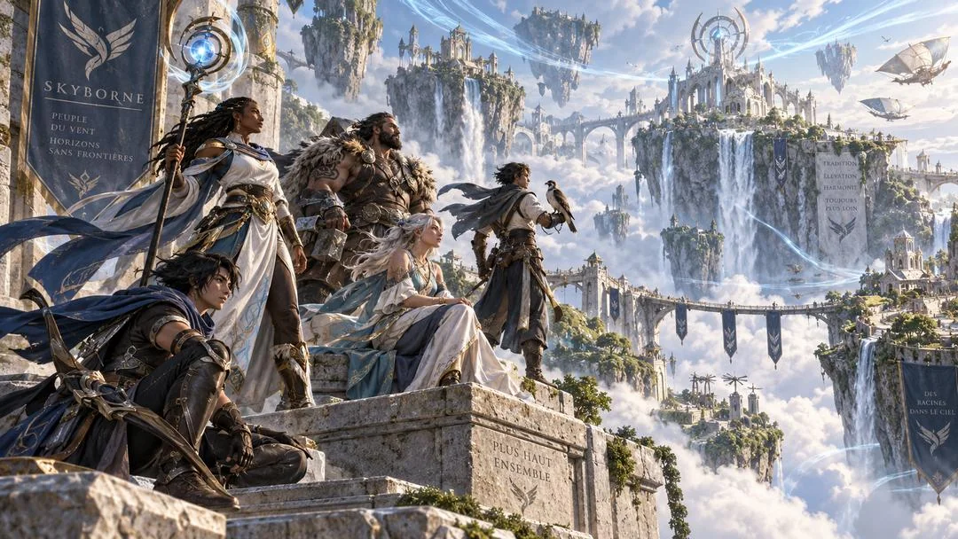 Des personnages Skyborne assis sur une terrasse de pierre face à des îles célestes et une cité blanche, panneau « Skyborne »