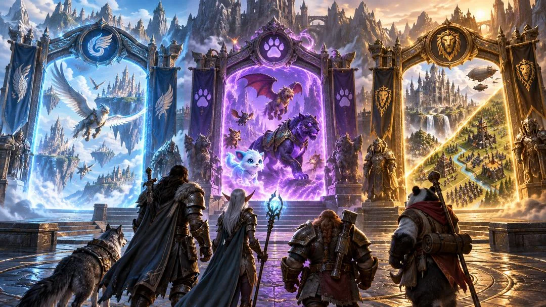 Trois portails lumineux, bleu, violet et doré, symbolisant les trois packs de World of Warcraft: Forever, devant des aventuriers