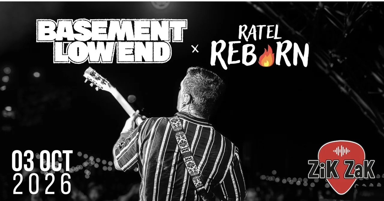 Bandeau du concert Basement Low End et Ratel Reborn au Zik Zak d Ittre le 3 octobre 2026 avec un guitariste en noir et blanc