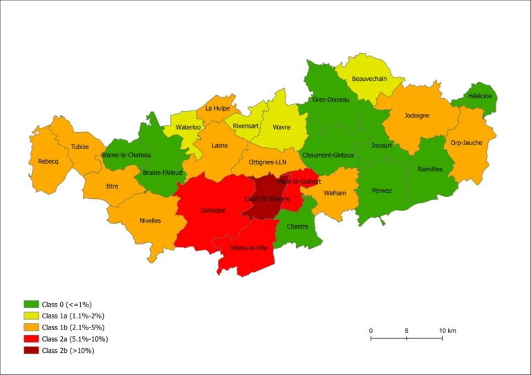 Carte du radon en Brabant wallon par commune : Court-Saint-Étienne en classe 2b, Genappe, Mont-Saint-Guibert et Villers-la-Ville en classe 2a