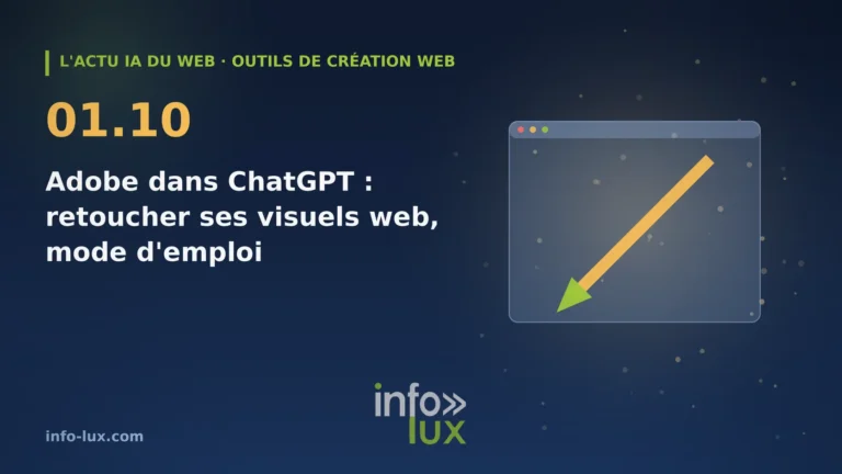 Bannière de l'actu IA du web du 01/10 : Photoshop et Adobe Express dans ChatGPT gagnent de vrais réglages : retoucher ses visuels web sans quitter la conversati