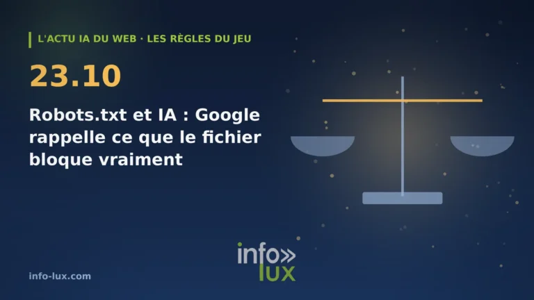 Bannière de l'actu IA du web du 23/10 : Robots.txt et IA : Google rappelle que le fichier règle l'accès des robots, pas l'usage de vos contenus — les 4 vérifica