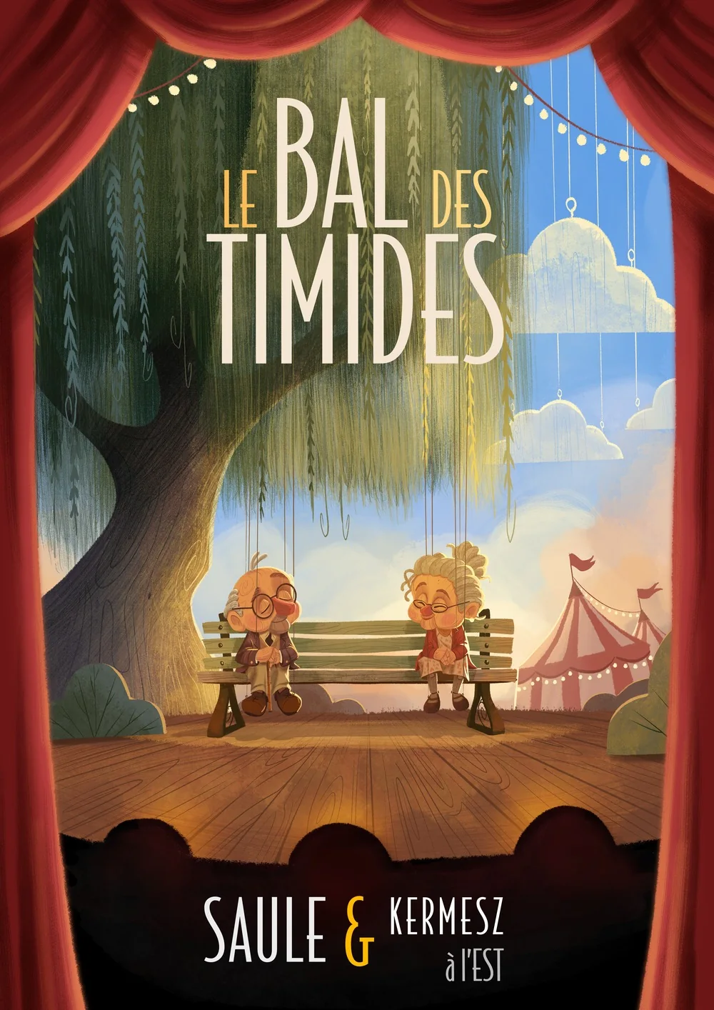 Affiche du Bal des timides de Saule et Kermesz à l’Est : Marta et Murphy sur un banc, devant le rideau d’un théâtre